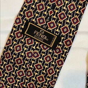Fendi Silk Tie with Blue, Red and Gold Geometric Horse Bit Motif